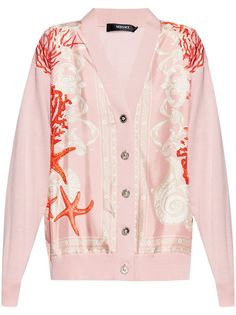 pink/beige/red virgin wool/silk panelled design signature Medusa Head buttons graphic print to the front V-neck front button fastening long sleeves ribbed cuffs and hem Versace Design, Versace Sweater, Versace Pink, Pleated Shirt Dress, Versace T Shirt, The Cardigans, Silk Cardigan, Wool Mini Skirt, Medusa Head