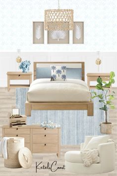 a bedroom with white furniture and blue wallpaper