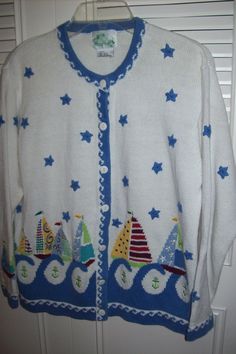 "Vintage Quaker Factory cotton and ramie knitted cardigan sweater featuring sail boats and stars. Perfect for the cruise, resort, yacht, - all aboard ! Bust measures 44\", length 24\". PERFECT ! No flaws of any kind. Stored with TLC Comes from a smoke-free home." Nautical Long Sleeve Sweater For Fall, Nautical Long Sleeve Sweater For Winter, Winter Vintage Crew Neck Cardigan, 90s Cotton Sweater With Graphic Print, Weirdcore Clothes Sweaters & Cardigans, From The 90s Sweaters & Cardigans, Snowman Sweater, Harajuku Sweaters & Cardigans, Knitted Cardigan Sweater