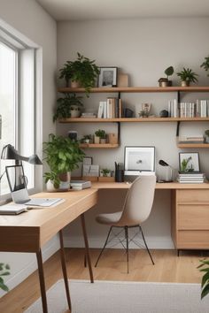 a home office with shelves and plants on the desk