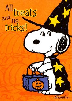 a cartoon dog wearing a witches hat and holding a trick bag with the words all treats and no tricks written on it