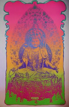 an image of a buddha sitting in the middle of a rainbow - hued poster