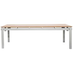 a wooden table with metal legs on a white background