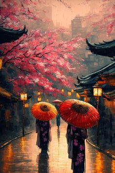 two people walking down a rain soaked street holding umbrellas in front of cherry blossom trees