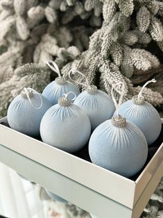 four blue ornaments are in a box on a shelf next to a christmas tree with pine cones