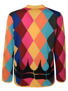 V-neck. Long sleeves. Front button fastening. All-over diamond print. Fine knit construction. Regular fit. Straight hem. Color: multicolor Material: 63% Wool 37% AcrylicComposition: 63% Wool , 37% Acrylic Designer Multicolor Winter Sweater, Multicolor Jacquard Knit V-neck Sweater, Diamond Cardigan, Alternative Design, Avant Garde Fashion, Diamond Print, Prada Leather, Saint Laurent Shoes, Fine Knit