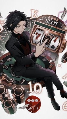 a man sitting in front of a slot machine surrounded by casino chips and dices