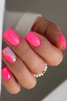 40 Cute Pink Nails Ideas For 2024 - Girl In Cali Short Pink Manicure Ideas, Pink Nails With One Design Nail, Pink Finger Nail Designs, Bright Pink Nails With Accent Nail, Easy Short Acrylic Nails, Bright Pink Holiday Nails, Square Nails Pink Design, Simple Nails Hot Pink, Cute Aesthetic Almond Nails