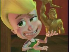 a cartoon character is holding up a statue