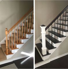 two pictures of stairs and railings in a house