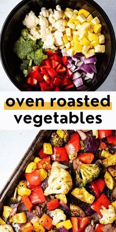 two pictures with different vegetables in them and the words oven roasted vegetables