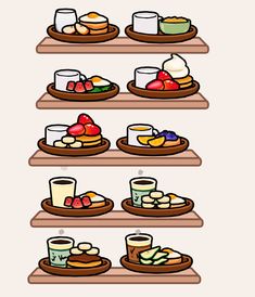 an animated image of food on shelves with the caption's in russian and english