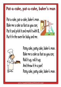 a recipe card with an image of a man cooking and the words pat - cake, pat - cake, baker's man