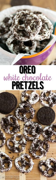 oreo white chocolate pretzels on a cutting board with the title above it