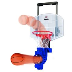 an image of a basketball going through the hoop on a white background with orange and blue balls