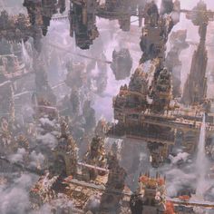 an aerial view of a futuristic city surrounded by clouds