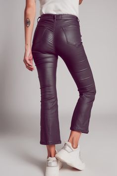 Length: Ankle length. Subcategory: Pants. Leg: Flare. Style: Urban. Detail: Belt loops. Fabric: Faux leather. Pockets: Five pockets. Zipper: Zip fastening. Product details: Functional pockets. runs small. S. 20% Polyester 76% Viscose 5% Elastane Leather Flare Pants, Tan Scarf, Stylish Pants, High Neck Top, Faux Leather Fabric, Faux Leather Pants, Chic Woman, Fall Wardrobe, Leather Fabric