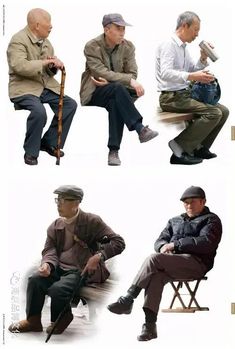 four different pictures of men sitting down and one is holding a baseball bat, the other has a cane