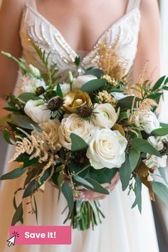 a bridal holding a bouquet of white and green flowers with text save it written below