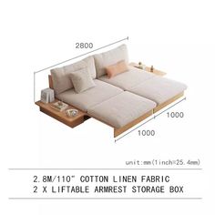 an image of a sofa bed with two pillows on it and the measurements for each mattress