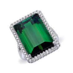 Verdant green, this 19.64 carats tourmaline, is truly one of a kind. A stone so large with good clarity and color is hard to find and this gem has both. Set within 14K white gold with diamonds that add sparkle, this ring will make a lasting statement. Order online info@jupitergem.com Huge Rings, Verdant Green, Green Tourmaline Ring, Diamond Jewelry Designs, Tourmaline Jewelry, Ring Ideas, Garnet Earrings, Tourmaline Ring, 14k White Gold Ring