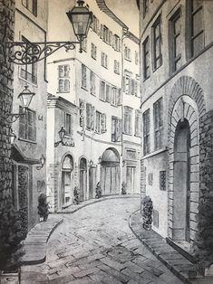 a pencil drawing of an alleyway with buildings