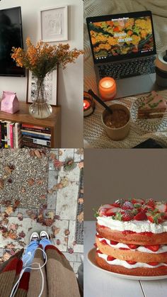 a collage of pictures with cakes, candles and flowers on the table in front of a laptop