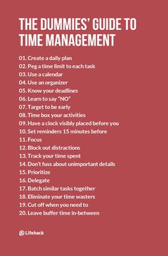 the dummies'guide to time management on a red background with white text