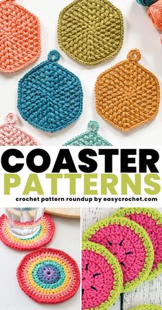 crocheted coasters with text overlay that says coaster patterns