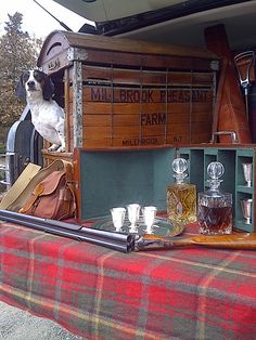 a dog is sitting in the back of an old truck with its trunk open and other items on it