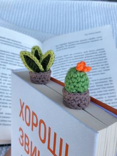 two crocheted cactus sitting on top of a book