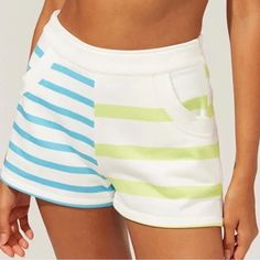 Nwt In Packaging. Blue And Green Stripes. Side Pockets And Zipper. So Cute! Casual Fitted Color Block Shorts, White Color Block Bottoms For Summer, White Color Block Shorts For Spring, Summer White Color Block Shorts, Blue Color Block Shorts For Beach, White Color Block Bottoms For Beach Season, Color Block Shorts For Vacation, White Color Block Beach Bottoms, Solid And Striped