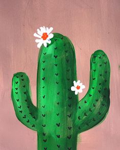 a painting of a green cactus with white flowers on it's head and pink background