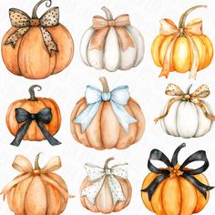 watercolor pumpkins with bows clipart set