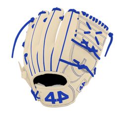 a white and blue baseball glove with the number 44 on it's left hand