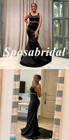 a woman in a long black dress standing next to a window with the words speakabridl on it