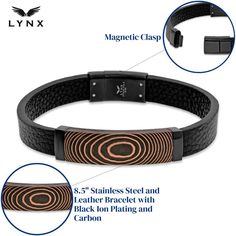 Add a stylish new element to your everyday wardrobe with this handsome men's leather bracelet. Add a stylish new element to your everyday wardrobe with this handsome men's leather bracelet. FEATURES Length: 8.5 in. Closure: magnetic Metal: stainless steel Plating: ion plated Finish: polished Material: leather, carbon, fiber, copper foil Packaging: boxed Size: 8.5". Color: Black. Gender: male. Age Group: adult. Business Bracelet With Leather Strap, Business Leather Bracelets With Leather Strap, Masculine Leather Bracelets For Everyday Use, Leather Bracelet With Black Band For Everyday, Masculine Leather Bracelets, Everyday Leather Bracelets With Black Band, Men's Leather Bracelet, Foil Packaging, Mens Leather Bracelet