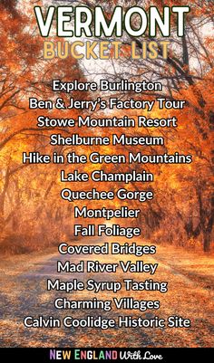 the vermont bucket list is shown in front of an autumn scene with trees and leaves