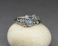 Twig ring moonstone in silver limited collection Intricate Rings, Silver Wreath, Twig Ring, Blue Moonstone, Organic Design, Design Silver, Moonstone Ring, Silver Flowers, Hibiscus