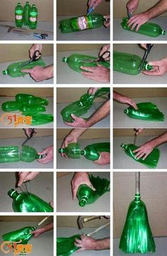 there are many pictures of green bottles being made