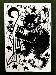 a black and white drawing of a cat with stars on it's back ground