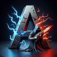 the letter a is made up of lightning bolts and a darth vader figure