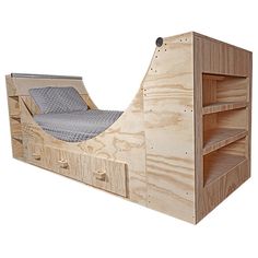 OC Ramps half pipe bed left-side angle with bookshelf Raised Beds Bedroom, Pipe Bed, Small Shelving Unit, Study Bed, Mini Ramp, Skateboard Ramps, Twin Size Bed Frame, Twin Size Bed, Sleep Studies