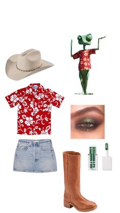 an image of a woman's outfit with boots, hat and lipstick on it