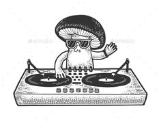 a mushroom dj playing music on a turntable - miscellaneous objects / arts printables