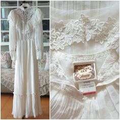 Lovely GUNNE SAX bridal dress from 1970s.  Decorated with beautiful  floral lace and ruffles. Bust 36" Waist 24~30"(elastic band) Length 57.5" There is no back zipper and it is worn upwards. Perfect condition without any flaws.  Clean and ready to wear.  Shipping worldwide.  Thank you :) White Lace Prairie Dress For Wedding, Cottagecore Lace Wedding Dress, White Lace Prairie Wedding Dress, Cottagecore Vintage White Wedding Dress, Vintage Lace Victorian Dress For Garden Party, Vintage Prairie Dress For Wedding, Vintage White Prairie Dress With Lace Trim For Wedding, White Prairie Dress With Lace Trim For Wedding, Cottagecore Vintage Wedding Dress With Lace Trim