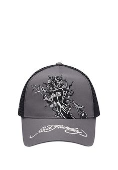 a gray and black trucker hat with an image of a woman on the front