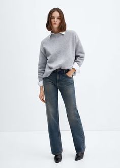 Mid-rise straight jeans - Women | Mango USA Modern Jeans With Straight Silhouette And Five Pockets, Modern Straight Silhouette Jeans With Five Pockets, Modern Straight Cut Jeans, Workwear Flare Jeans With Five Pockets, Straight Fit Cropped Jeans For Workwear In Fall, Straight Silhouette Jeans For Fall, Fall Cropped Jeans With Straight Fit For Workwear, Chic Straight Silhouette Jeans With Five Pockets, Relaxed Fit Straight Jeans For Fall