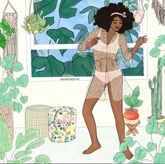 an illustration of a woman standing in front of a window surrounded by plants and potted plants