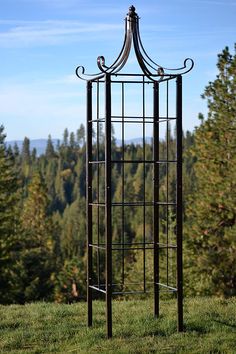 a tall metal tower sitting on top of a lush green hillside next to trees and forest